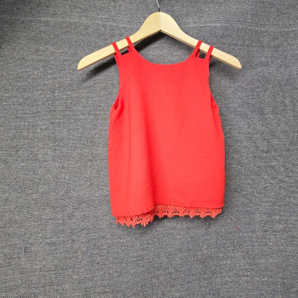 Girls Pink Coral Red Crochet Lace Hem Sleeveless Top  14/16 Double Strap Blouse